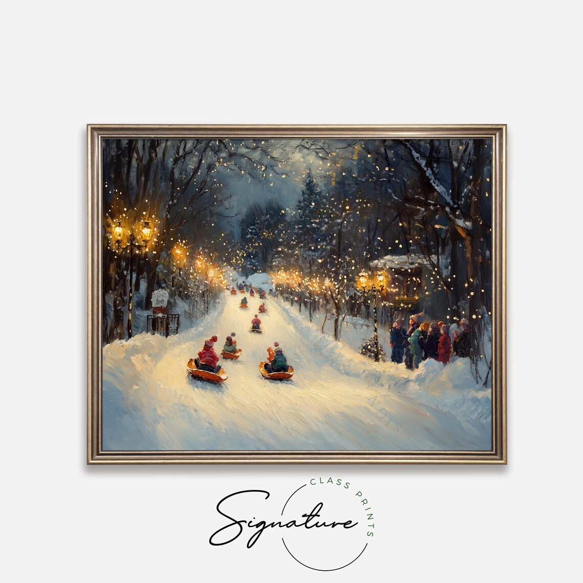 Children Sledding on Snowy Hill Winter Evening Oil Painting Print - Image 4
