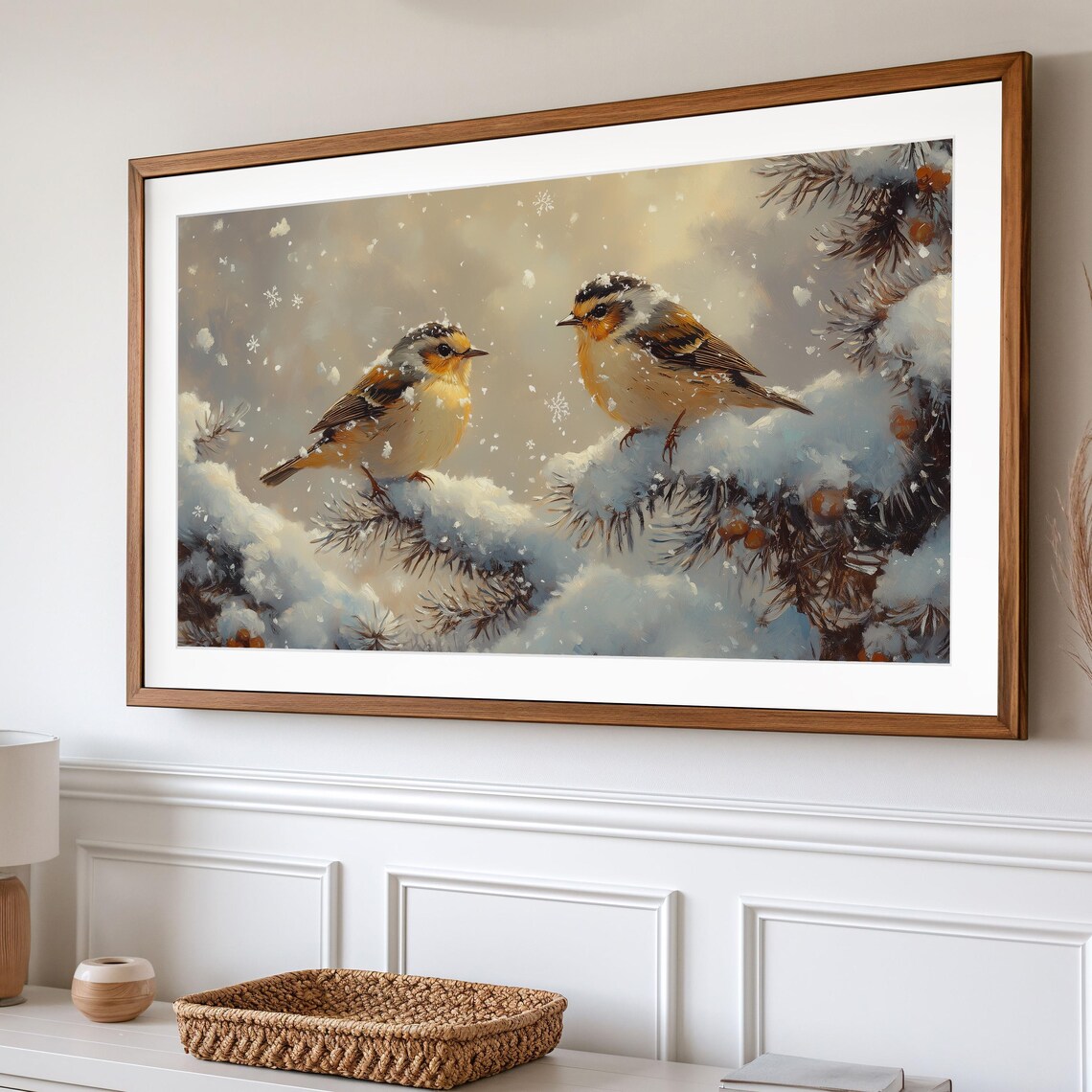 Goldfinches Pair Snowy Pine Branch Winter Birds Falling Snowflakes Poster - Image 2