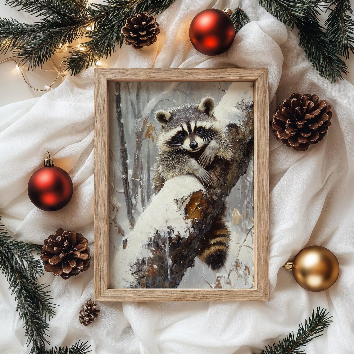 Raccoon In Snow Covered Tree Cute Winter Wildlife Art Poster - Image 4