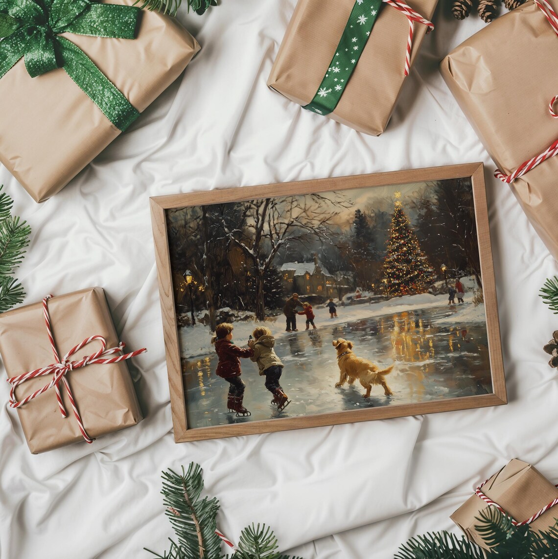Children and Golden Retriever in Snow, Rustic Winter Art Print - Image 2