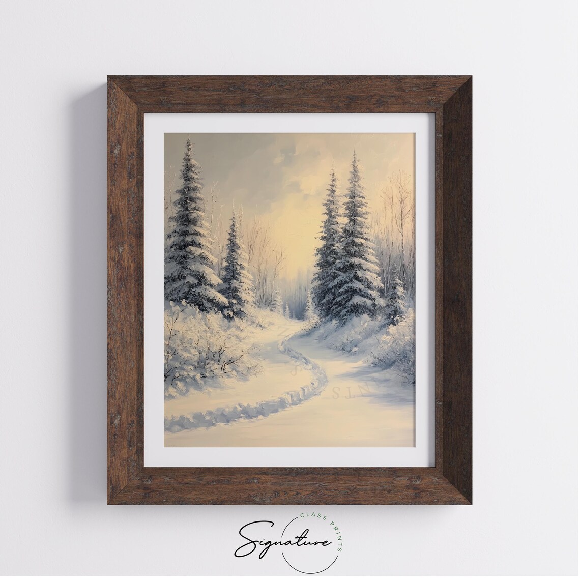 Snowy Trail Between Frosty Fir Trees in Soft Winter Light Poster - Image 3