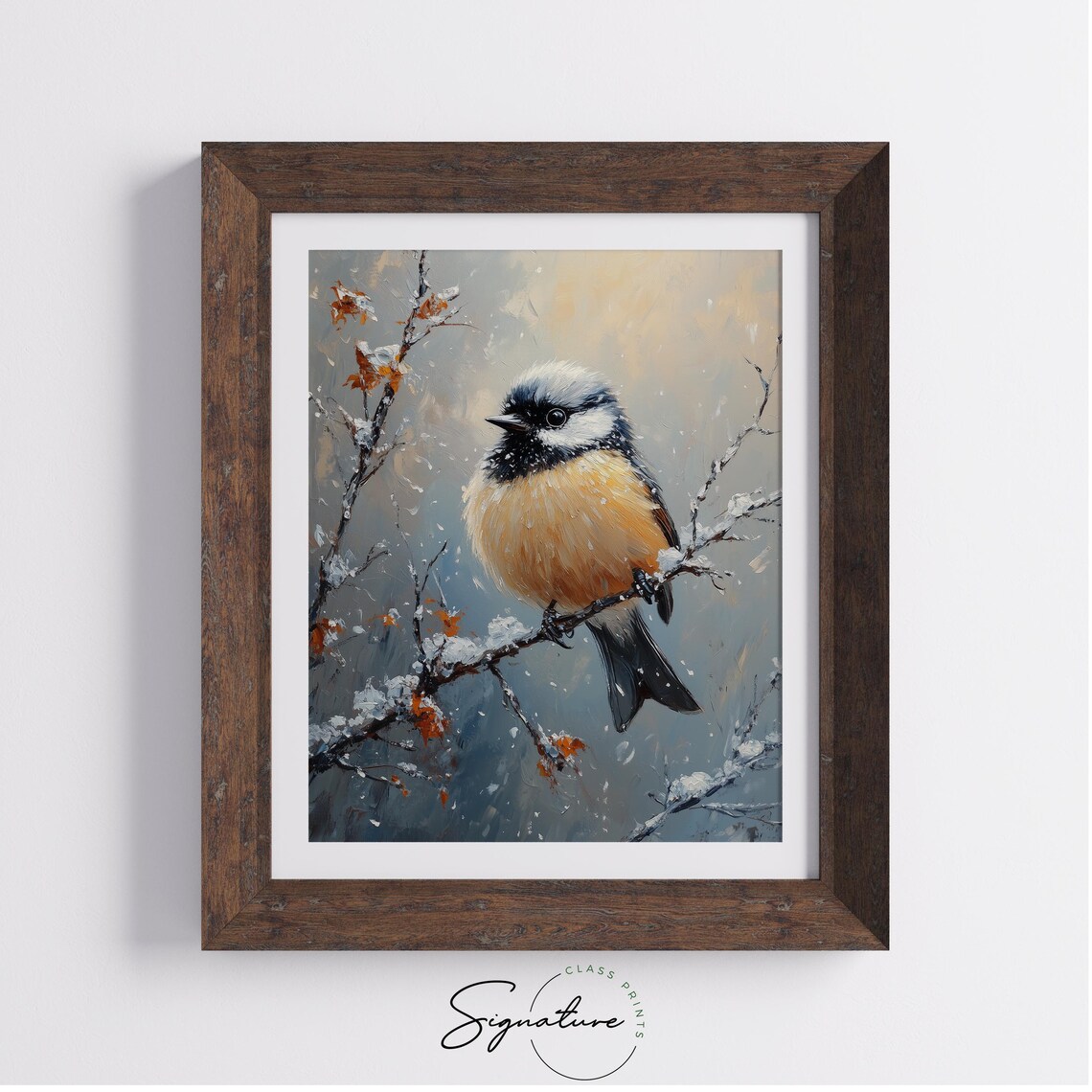 Chickadee on Snowy Branch with Red Berries Winter Oil Painting Print - Image 3
