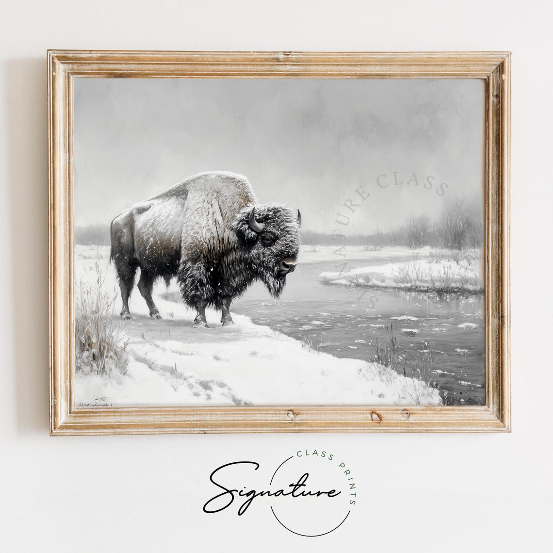 Bison Standing by Snowy River in Winter Wildlife Nature Art Poster