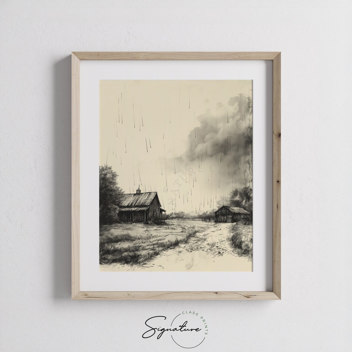 Rainy Farmstead Rustic Barn Sketch Stormy Countryside Landscape Poster - Image 3