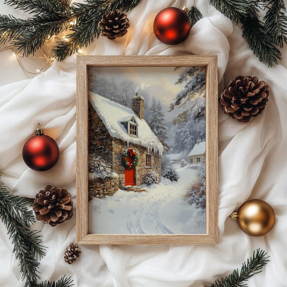 Stone Cottage with Red Door Wreath in a Snowy Winter Forest Poster - Image 4