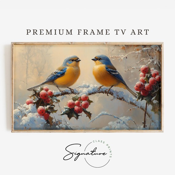 Two Winter Songbirds On Snowy Red Berry Branch Winter Art Poster