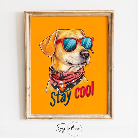 Trendy Funny Stay Cool Yellow Dog Red Sunglasses Retro Dog Poster