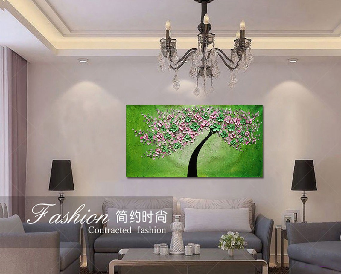 Hand Painted Large Art Abstract Green Pink Cherry Blossom Tree Oil Painting On Art Pink Green Flower Oil Painting Palette Knife Art - Image 3