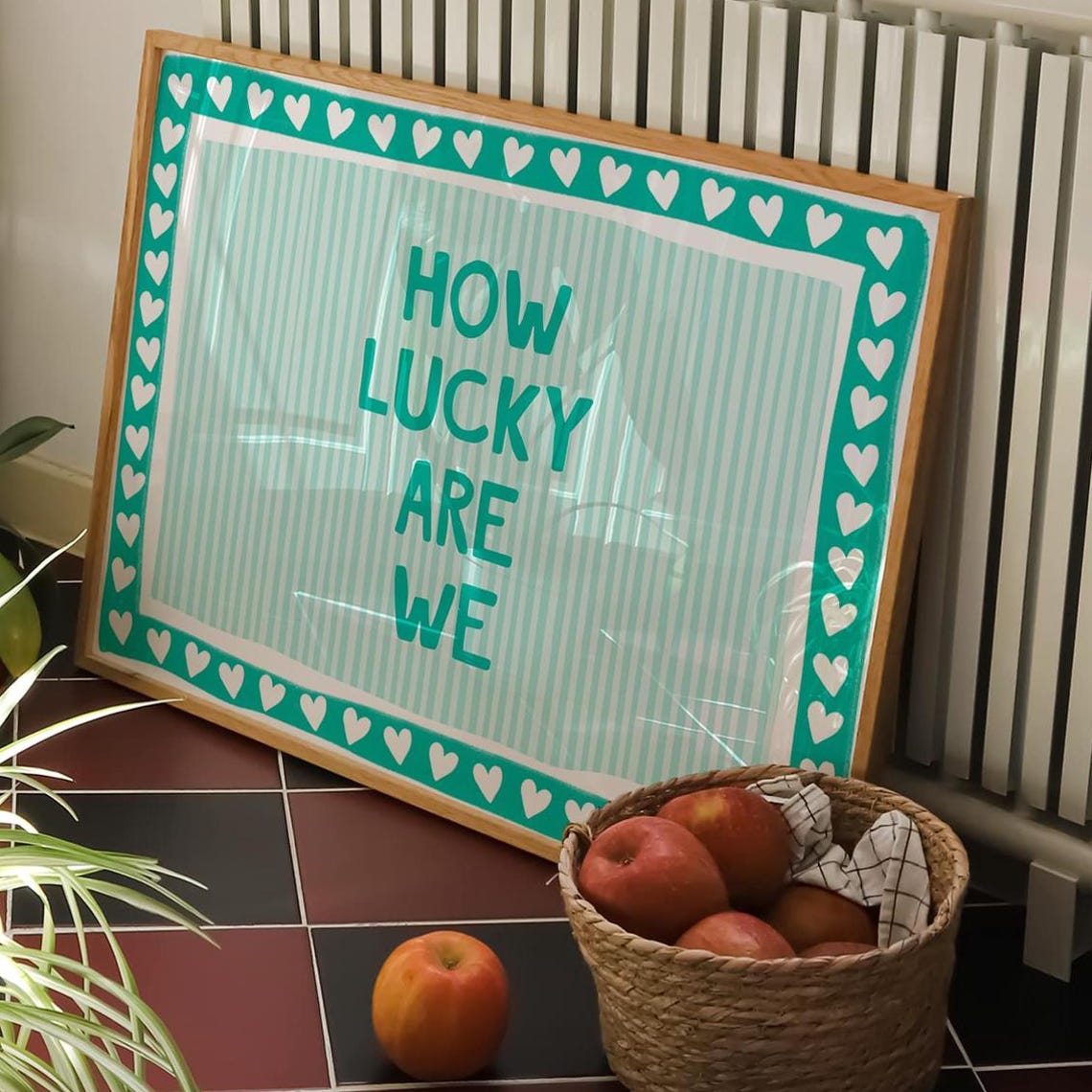 How Lucky Are We Turquoise Hearts Border Gratitude Quote Poster