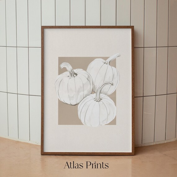 Three White Pumpkins Pencil Sketch Minimalist Neutral Fall Autumn Poster