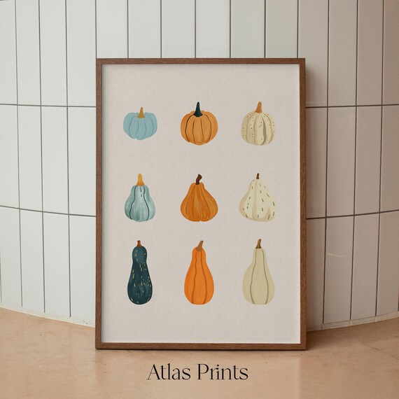 Nine Watercolor Pumpkins and Gourds Autumn Harvest Grid Botanical Poster