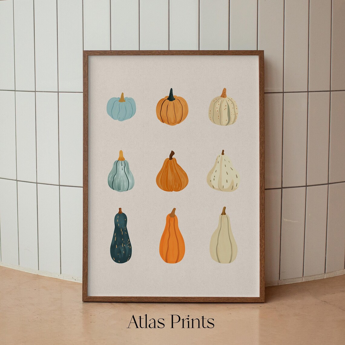 Nine Watercolor Pumpkins and Gourds Autumn Harvest Grid Botanical Poster