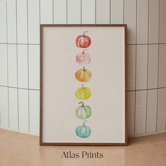 Rainbow Watercolor Pumpkins Vertical Row Colorful Fall Harvest Poster