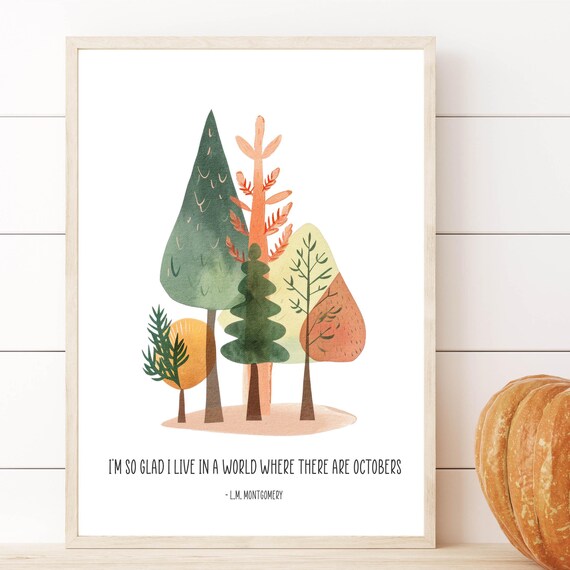 LM Montgomery October Quote Watercolor Fall Trees Autumn Poster