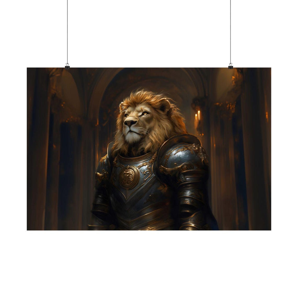 Lion Knight In Full Plate Armor Candlelit Castle Hall Portrait Poster - Image 3