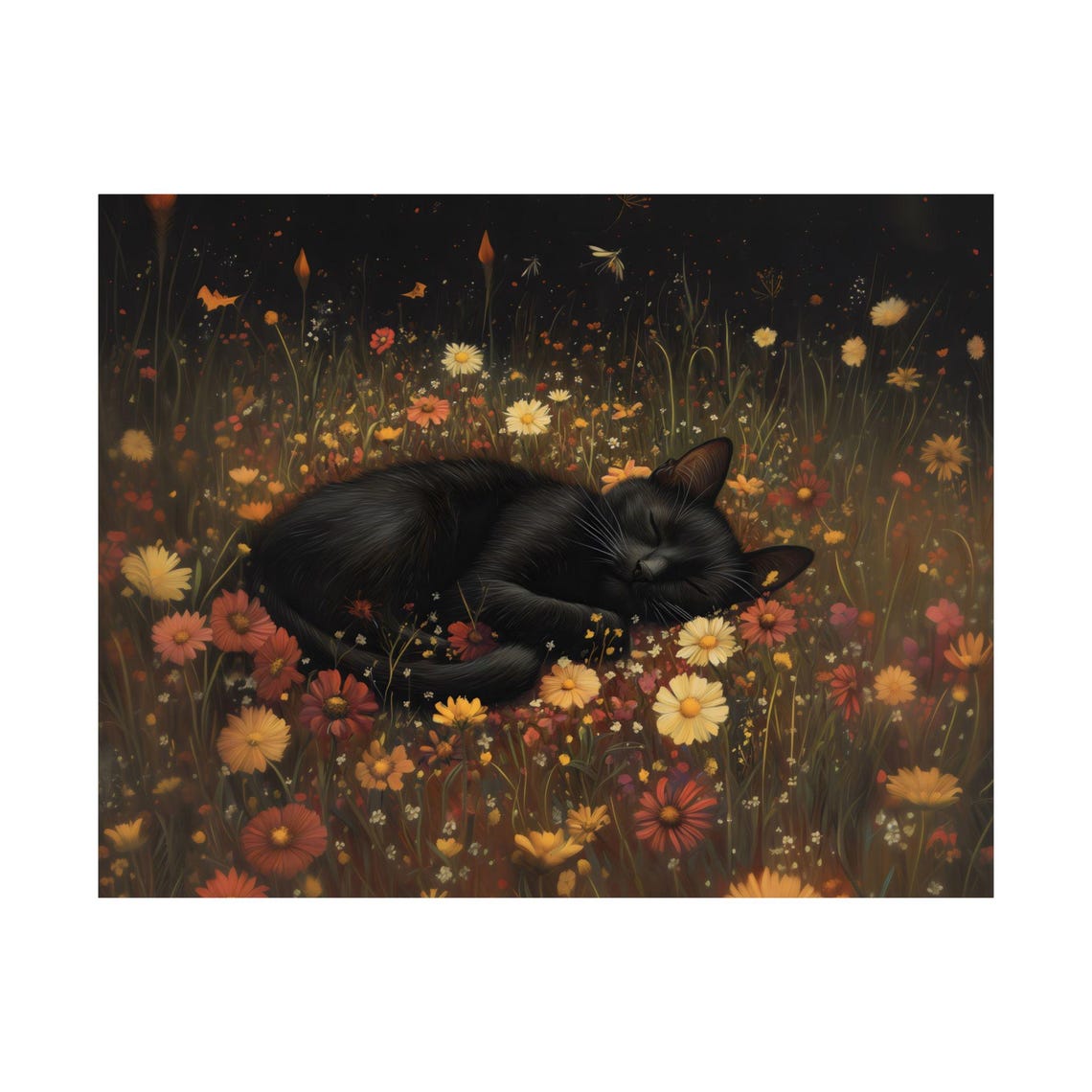 Black Cat Napping in Wild Daisy Meadow Under Starry Night Poster - Image 3