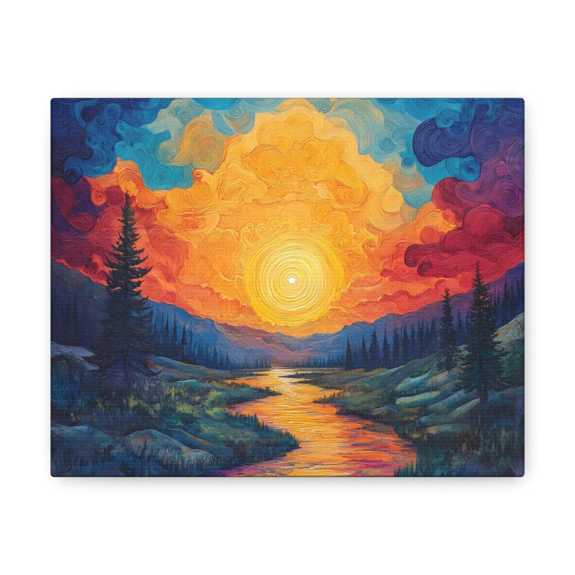 Swirling Psychedelic Sunset Sun Over Golden River Valley Art Print - Image 3