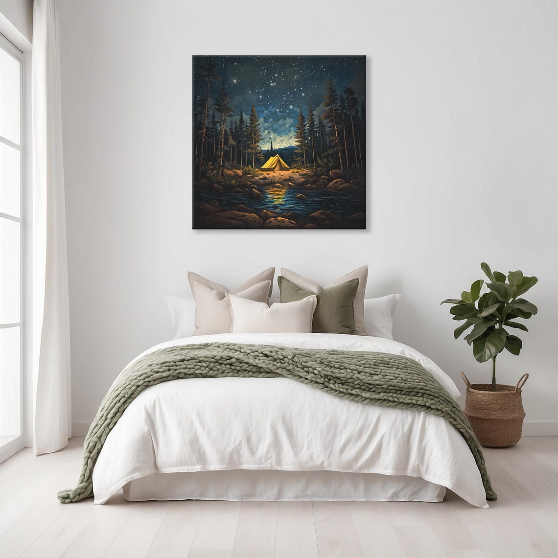 Starry Night Camping Scene Tent Beside River Forest Wall Art
