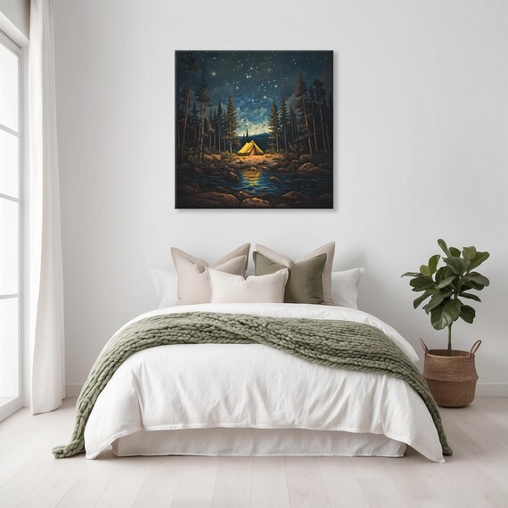 Starry Night Camping Scene Tent Beside River Forest Wall Art