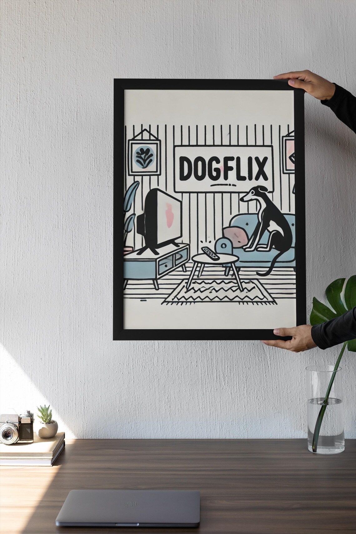 Cozy Dogflix Funny Greyhound Watching TV Retro Living Room Poster - Image 3