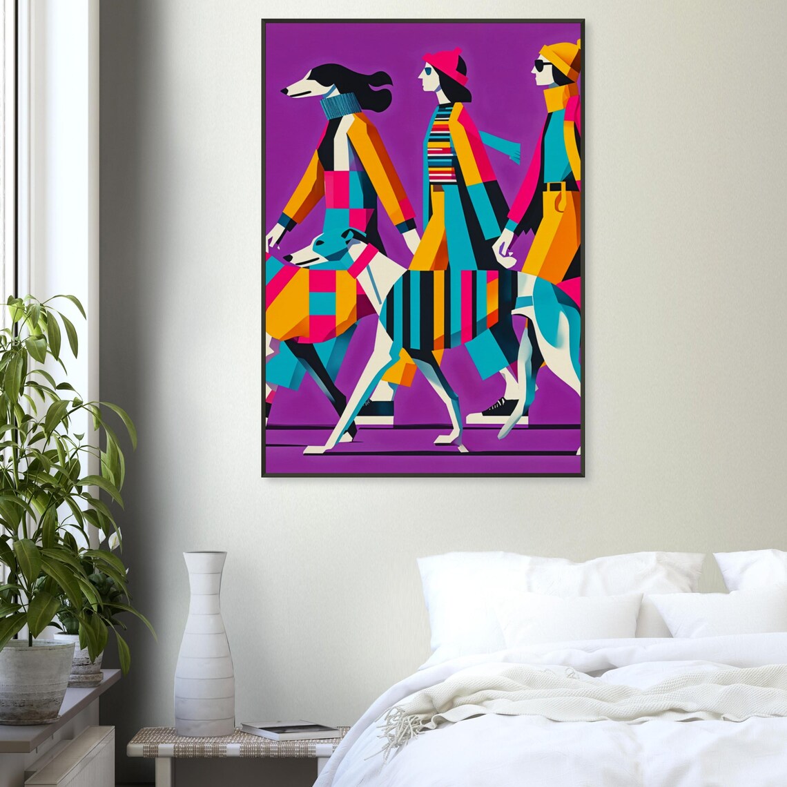 Women Walking Greyhounds Purple Geometric Modern Dog Art Poster - Image 3
