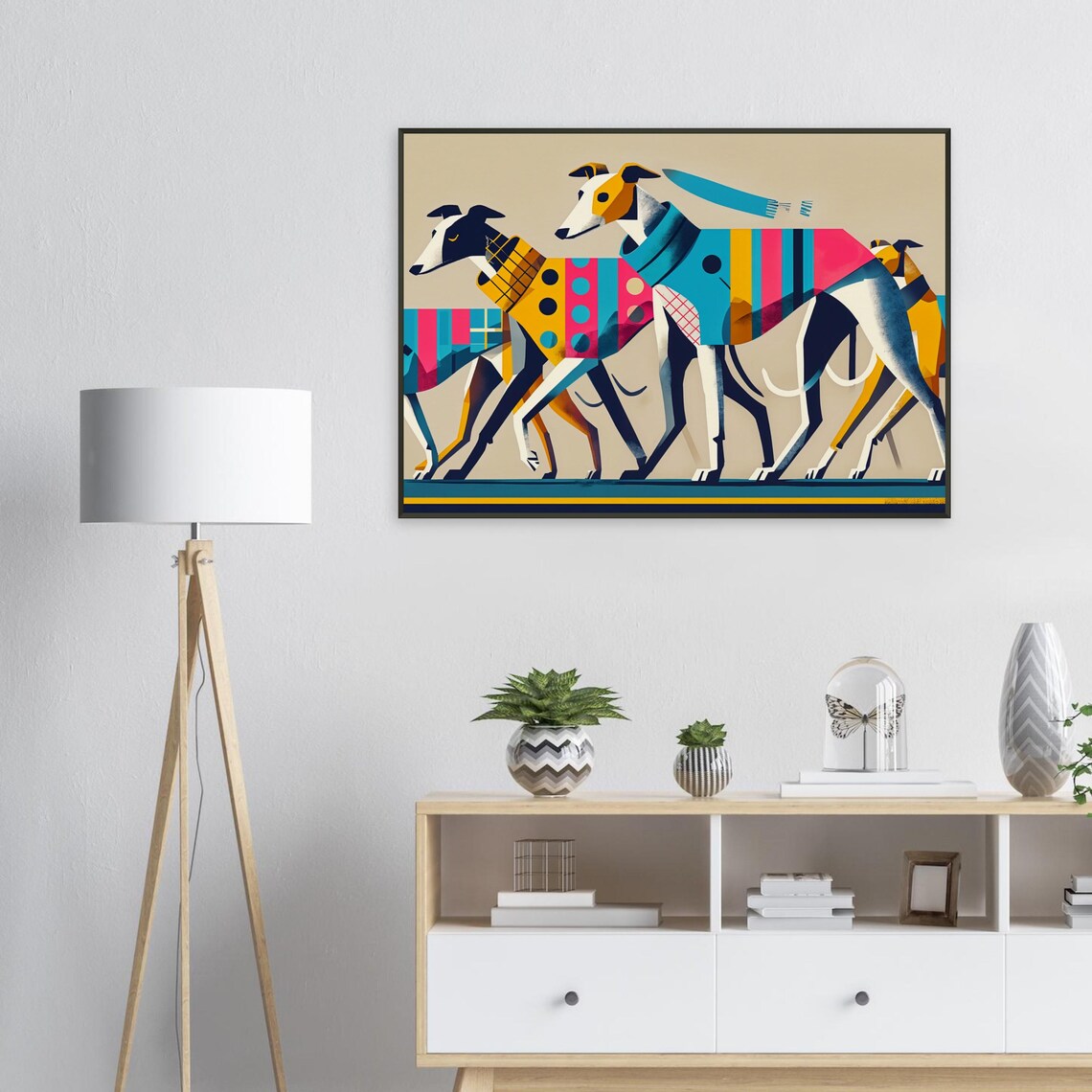 Greyhound Friends Playful Polka Dot Striped Sweater Dog Art Poster - Image 2