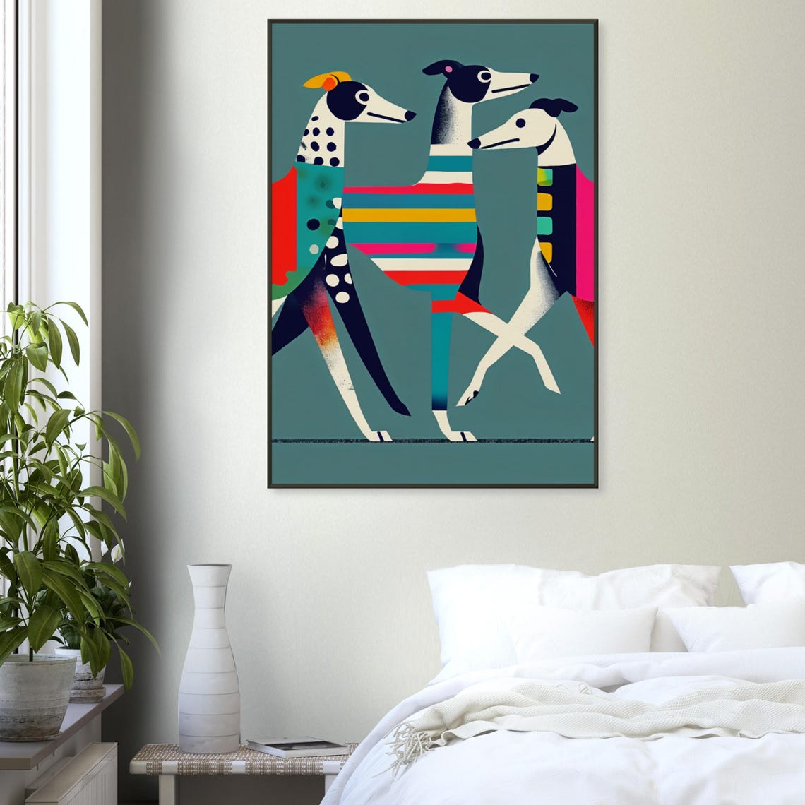 Three Greyhounds Strolling Polka Dot Stripes Playful Dog Art Poster - Image 3