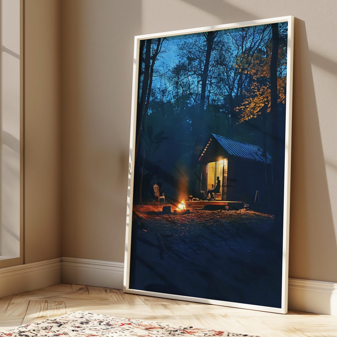 Rustic Cabin In Dark Woods At Night Campfire Fire Pit Art Poster - Image 2
