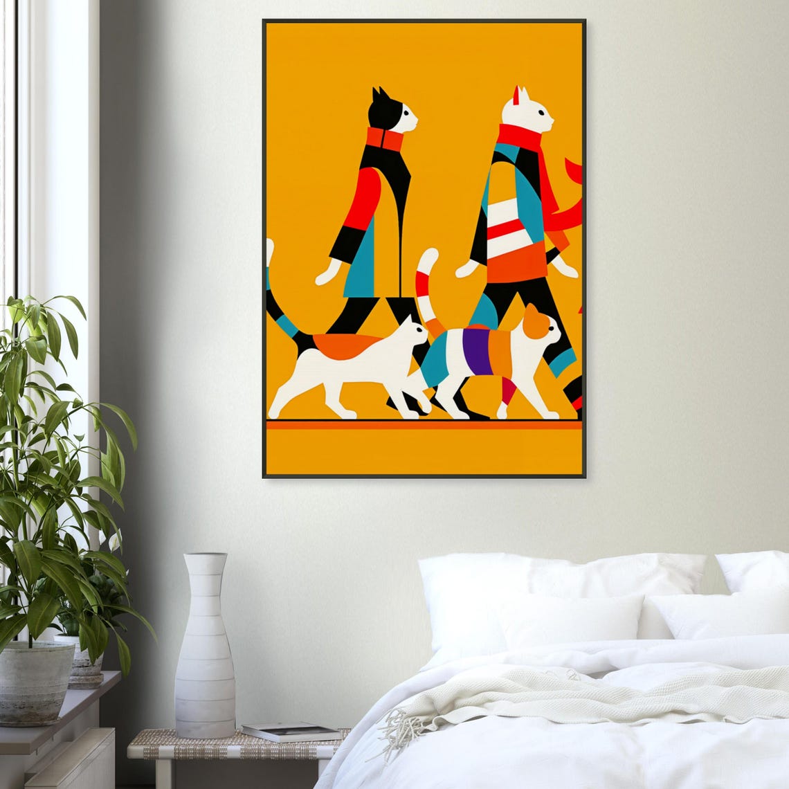 Man Walking Three Patterned Cats Orange Pop Art Cat Lover Poster - Image 3