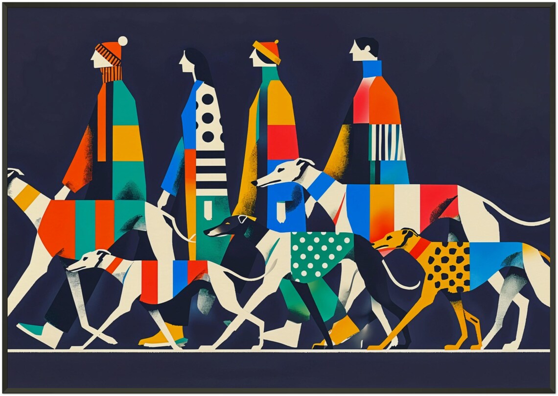 Night Walk Greyhounds Colorful Coats Modern Geometric Dog Art Poster - Image 3