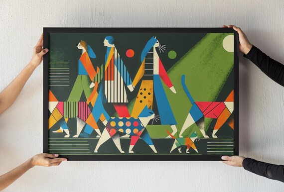 Women and Cats Night Parade Dark Green Geometric Cat Lover Poster