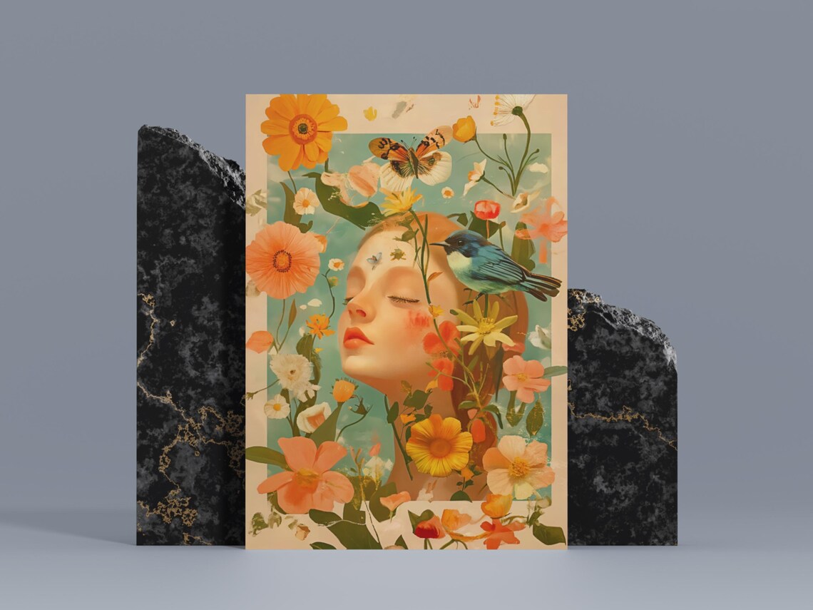Vintage Floral Lady Portrait Orange Blooms Bluebirds Art Poster - Image 2