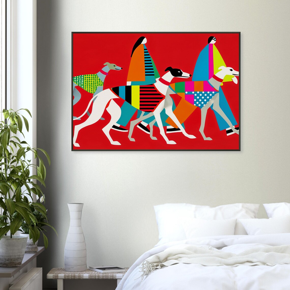 Two Women Walking Three Greyhounds Bold Red Modern Art Poster - Image 4