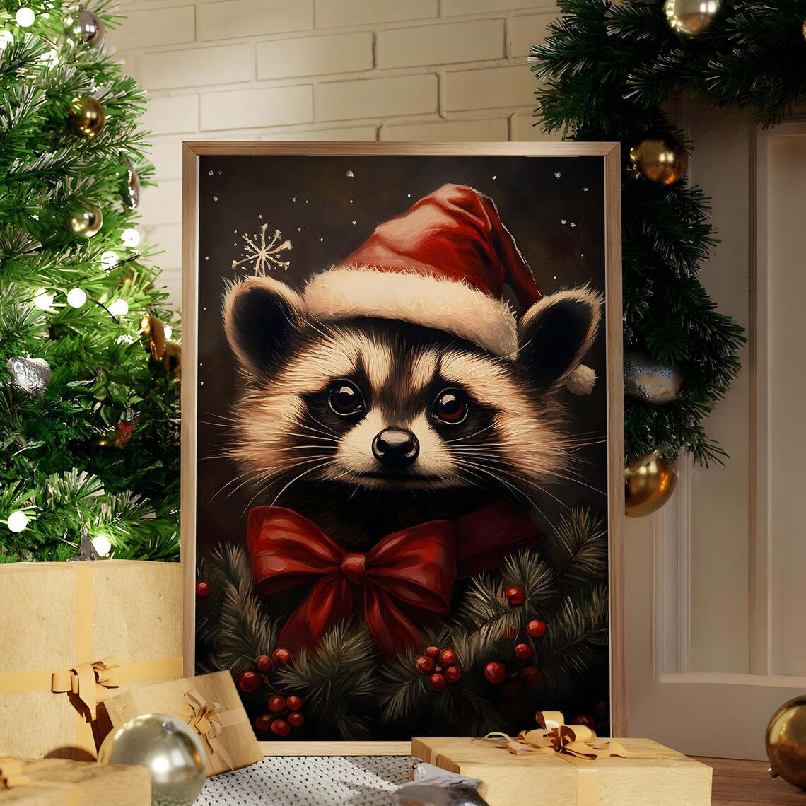 Christmas Raccoon Wearing Santa Hat Red Bow Holiday Animal Poster