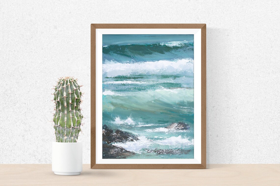 Teal Ocean Waves Crashing Rocks Coastal Seascape Painting Poster
