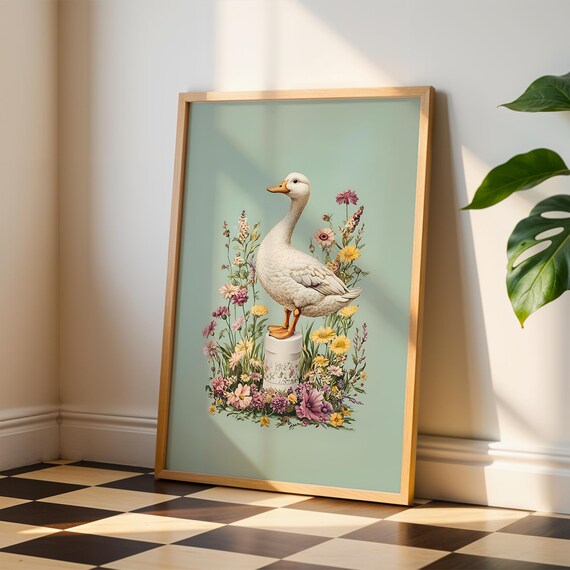 Bathroom Wall Art Funny Duck Print Floral Farmhouse Quirky Animal Poster For Home Decor