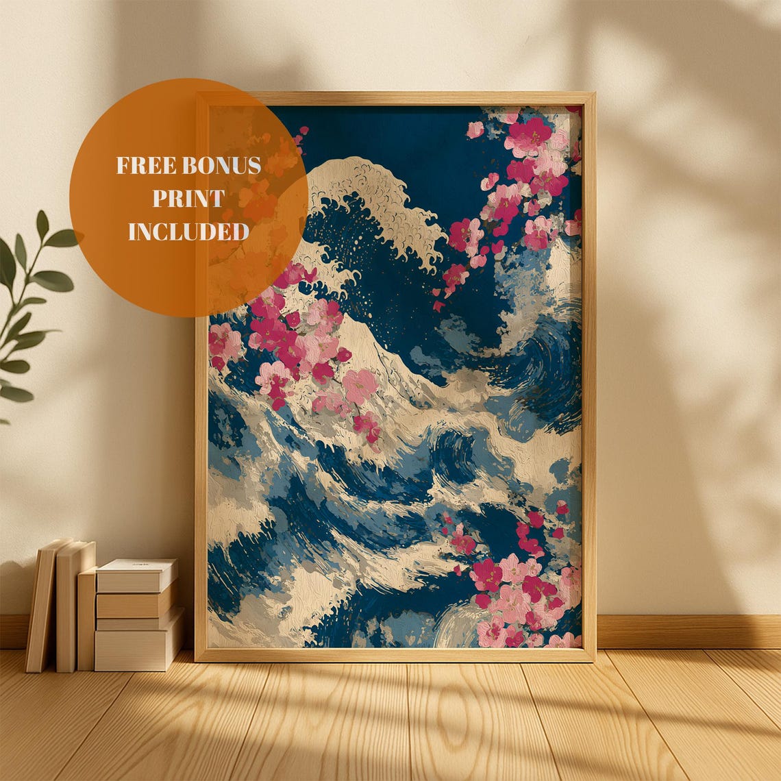 Japanese Great Wave with Pink Cherry Blossoms Woodblock Art Poster