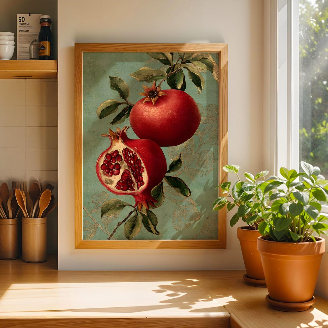 Two Ripe Pomegranates on a Branch Mint Background Art Poster
