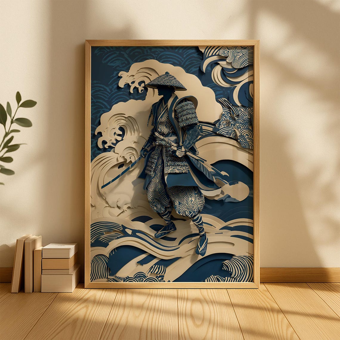 Samurai Walking on Waves in Layered Paper Cut Japanese Poster