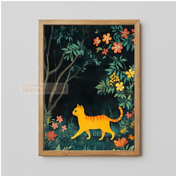 Orange Tabby Cat Strolling Through Moonlit Botanical Garden Poster