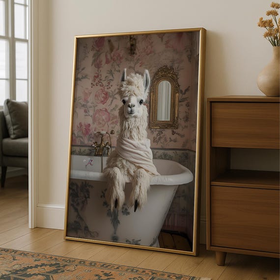 Funny Llama Bathroom Wall Art Cute Animal In Bathtub Print Whimsical Decor Poster Vintage
