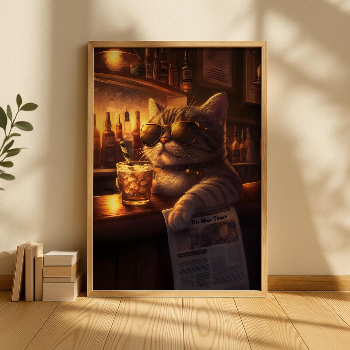 Cool Cat in Sunglasses Reading Meow Times with a Cocktail at the Bar Poster