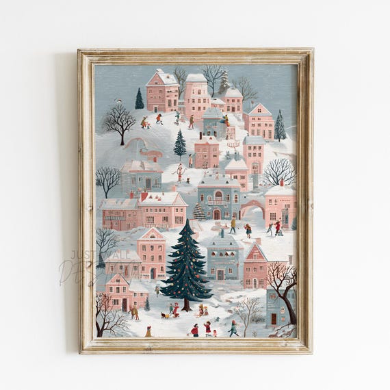 Christmas Village Snowy Town Holiday Winter Scene Cozy Decor Poster