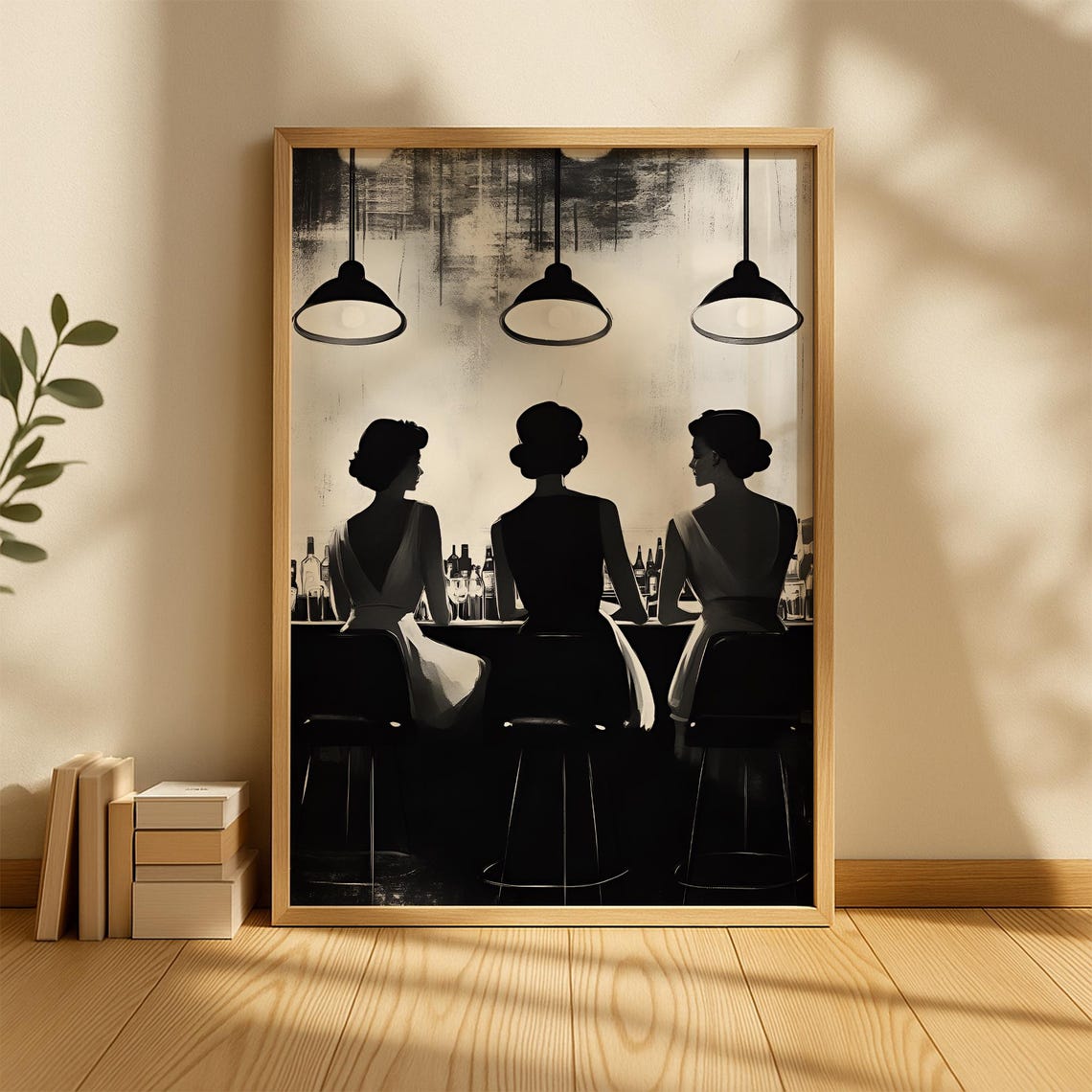 Three Women Silhouettes At A Bar Black And White Photography Poster