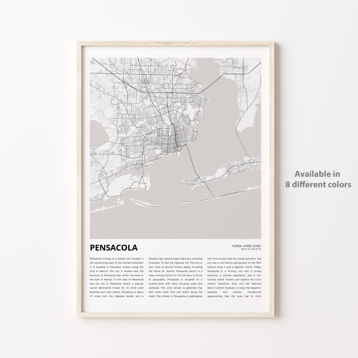 Pensacola Florida Detailed Minimalist City Map Street Plan Poster