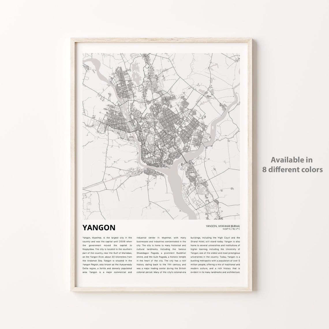 Yangon Myanmar Minimalist Black and White City Map Travel Poster