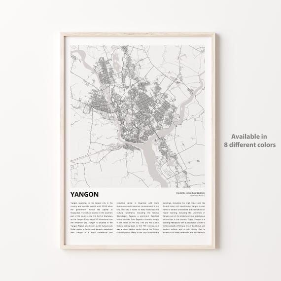 Yangon Myanmar Minimalist Black and White City Map Travel Poster
