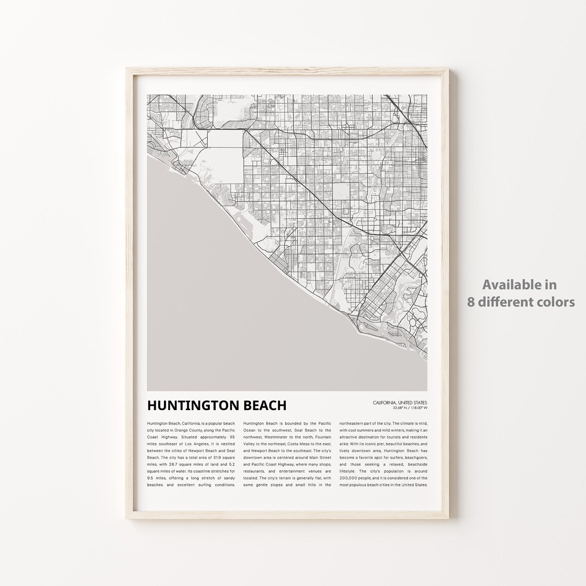 Huntington Beach California Minimal Map Poster Surf City Travel Art