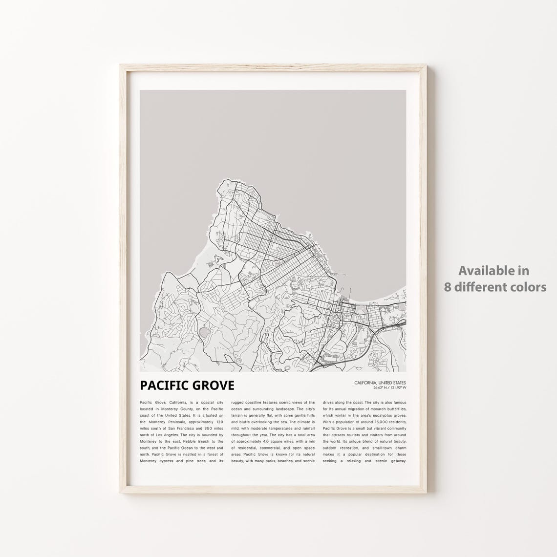 Pacific Grove California City Street Map Line Art Travel Poster