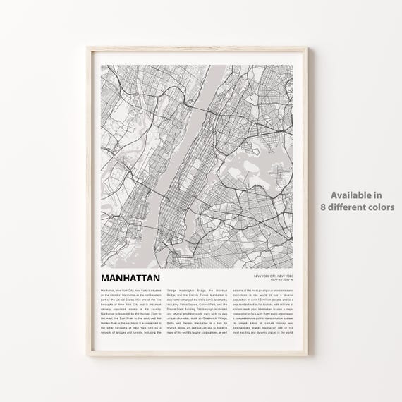 Manhattan Map Print Travel Wall Decor Art New York Housewarming Gift